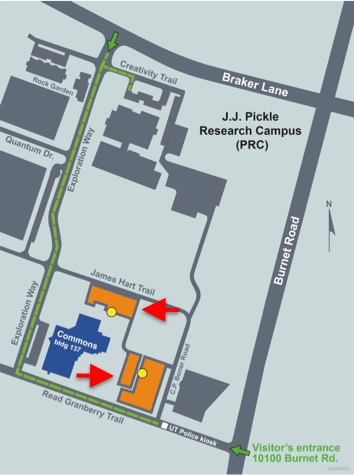 Campus map showing the visitor entrance at 10100 Burnet Road, the route along Exploration Way, Commons Building 137, and marked parking areas.